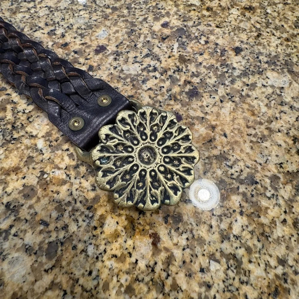 Vintage Brown Braided Leather Belt Ornate Solid Brass Flower Buckle 36 Large